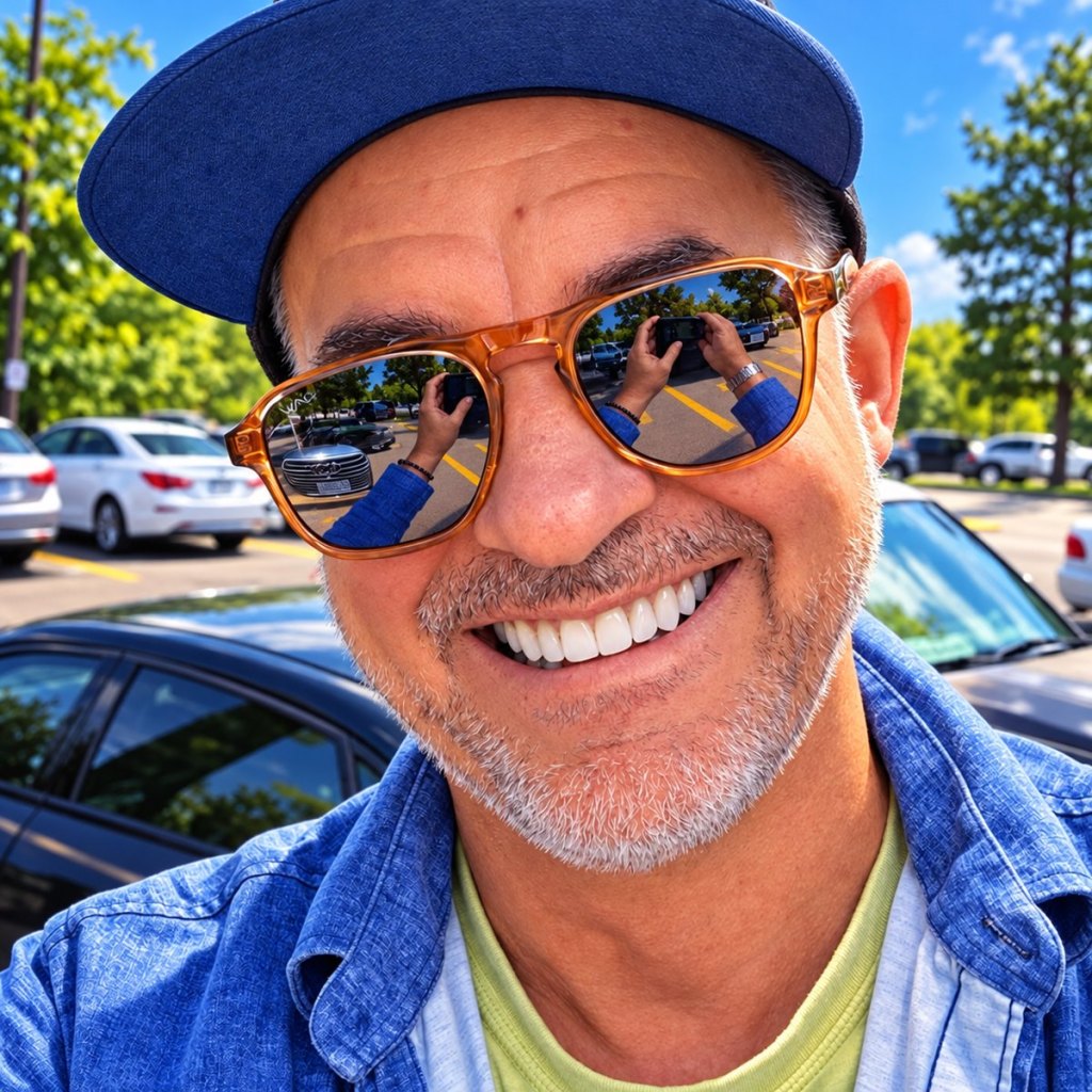 Larry Hudson smiling in a blue cap and orange sunglasses on a sunny day